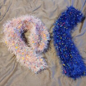Hand Crafted Confetti Eyelash Yarn Set of Two Scarves Blue and Pink